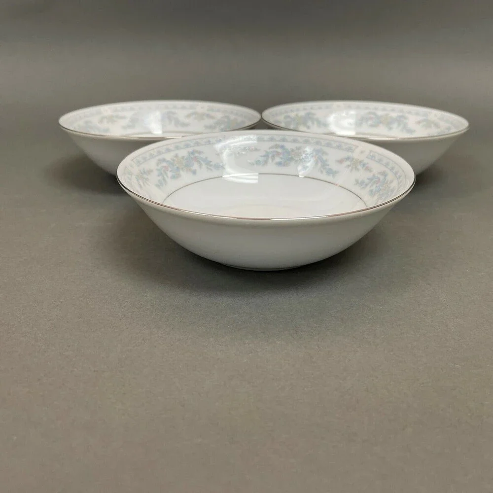 Somerset NL Excel Soup Cereal Bowl Floral‎ White Blue Platinum Trim Lot of 3